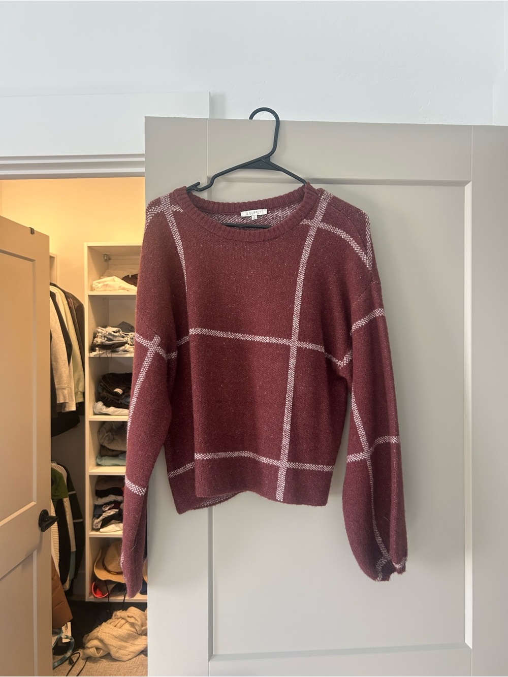 Windowpane Crewneck Sweater in Deep Wine